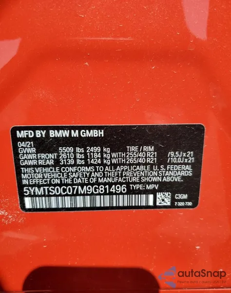 2021 BMW X3 M Competition из США, поврежденный, VIN 5YMTS0C07M9G81496